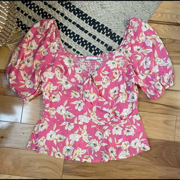 Lush Pink and Yellow Floral Cold Shoulders Blouse Sz Large - Picture 1 of 7